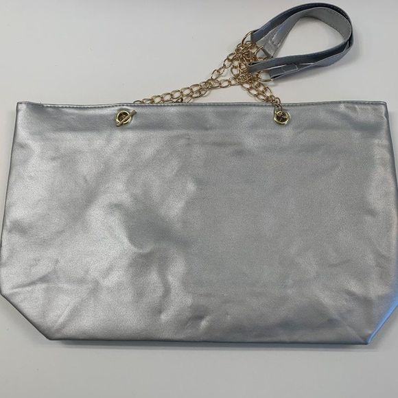 Silver Puffy Quilted Tote Bag w/ Chain Strap - Picture 6 of 6